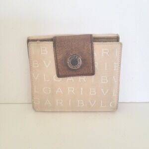 Bvlgari Logomania Tri-Fold Wallet Beige Canvas Brown Leather Logo Print Small